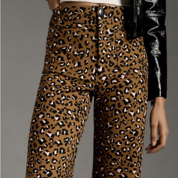 NWT Anthropologie Colette Ponte Crop Wide-Leg Pants in Olive Leopard Print - Picture 2 of 5